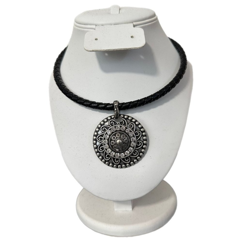 Chico’s Leather Braided 17-18” Choker with Silvertone Medallion Rhinestones